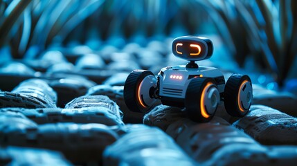 A small, wheeled robot navigating through a maze, analyzing obstacles with its sensors