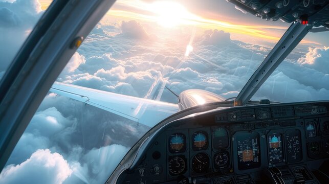 A pilot is view from the cockpit and control panel of an airplane flying above the clouds. Aircraft interior or cock pit view while pilot flying plane with white cloud. Front glass of plane. AIG42.