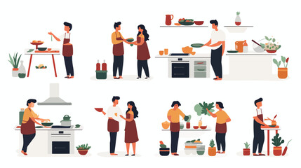 Set of people at kitchen vector flat illustration.