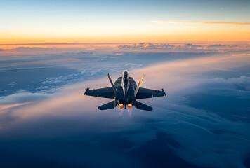 A fighter jet flying above the clouds at sunset