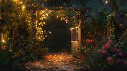 A lit-up garden gate with flowers and lights at night. Generative AI realistic