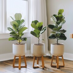 Three Potted Plants on Wooden Table