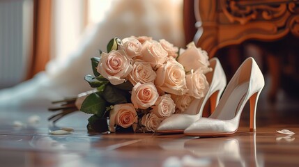 Bridal Bouquet and White and Red Wedding Shoes