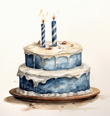 Painting of a Blue Cake With Two Candles