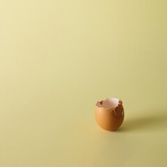 Egg shell on pastel yellow background. Minimal concept.