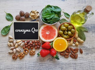 Foods with Coenzyme Q10. Natural food sources rich in CoQ10 include: berries, nuts, citrus fruit, spinach. Coenzyme Q10 is vital for energy production in cells and possesses antioxidant properties.