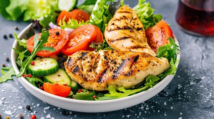Grilled chicken breast, fillet and fresh vegetable salad. Healthy lunch menu . Generative Ai