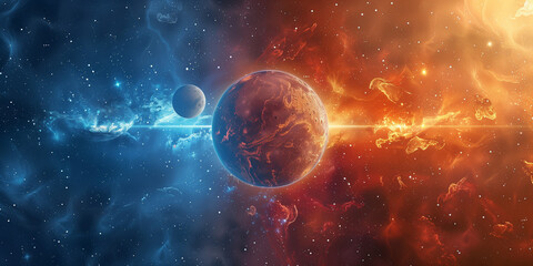 Obraz premium Space concept background. Sci-fi fantastic cosmic horizontal poster. Amazing cosmic wallpaper. Raster bitmap digital illustration. AI artwork.