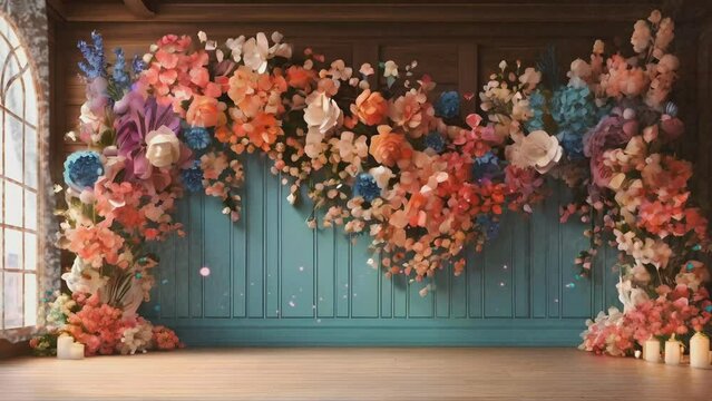blue wall wedding backdrop decorated with blooming flower bouquets, seamless looping time lapse virtual 4k video animation background