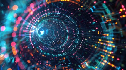 Obraz premium Swirling data patterns in neon glow, symbolizing neural network flow on a dark background. Big data visualization