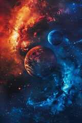Obraz na płótnie Canvas Space concept background. Sci-fi fantastic cosmic vertical poster. Amazing cosmic wallpaper. Raster bitmap digital illustration. AI artwork.
