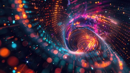 Colorful neural network data flow, with neon lights and code snippets on dark digital backdrop. Big data visualization