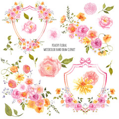 Watercolor hand draw clipart, peachy flowers, soft bouquet, crest frame, vintage bow, isolated on transparent background