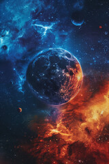 Space concept background. Sci-fi fantastic cosmic vertical poster. Amazing cosmic wallpaper. Raster bitmap digital illustration. AI artwork.