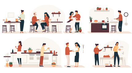 Set of people at kitchen vector flat illustration.