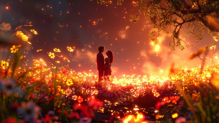 Silhouette of a couple embracing in a magical field of glowing flowers under a sunset sky, creating a romantic atmosphere.