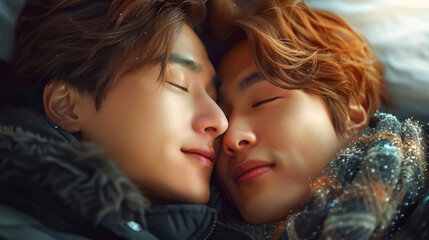 Obraz premium A tranquil close-up of an Asian young male couple enjoying a peaceful nap, their faces close and serene amid winter attire.