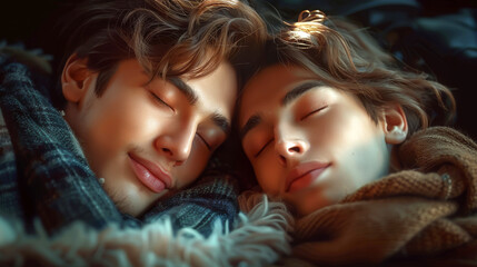 A close-up of a young gay couple sleeping peacefully, wrapped in a cozy blanket, evoking warmth and love. - Powered by Adobe