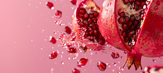 Fresh Pomegranate Burst: Juicy Seeds Against Pink Background