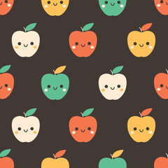 Seamless pattern with cute cartoon apple characters. Fruit seamless pattern. Vector illustration in flat style