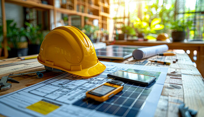 Yellow hard hat and mobile phone on the table with blueprint and measuring tools at construction site