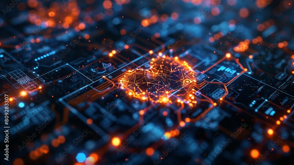Poster A computer circuit board displaying a heart symbol, showcasing the fusion of technology and emotions.