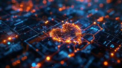 A computer circuit board displaying a heart symbol, showcasing the fusion of technology and emotions.