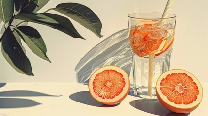 Glass of Water With Straw and Half of Grapefruit
