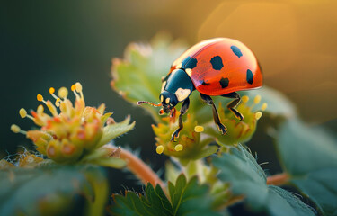 Fototapeta premium Ladybug climbing on flower in the sunlight. A beautiful lady bug in the garden