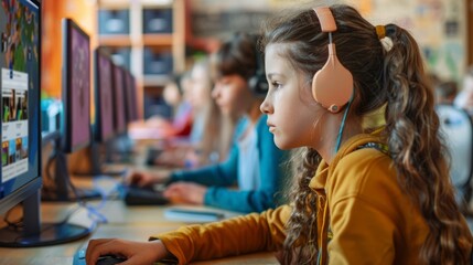 Group of children sitting together at a table, each wearing headphones while engaging with audio content.