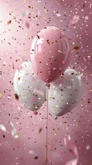 Three Balloons With Confetti and Streamers on a Pink Background
