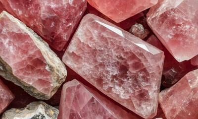 The texture of the Rhodochrosite crystals in the image is intricate and detailed, with a rich, translucent pink hue and internal facets that reflect light differently, giving them a vibrant.