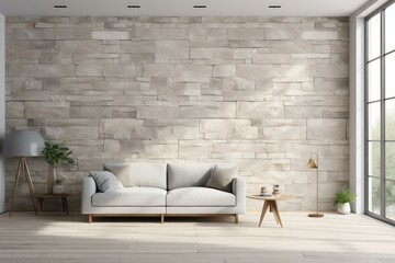 Contemporary interior design of a living room featuring a stylish sofa against a textured stone wall, with natural light