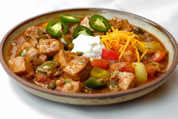 Fototapeta premium Delicious Pork Loin Chili with Jalapenos and Shredded Cheddar Cheese