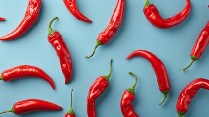Group of Red Peppers on Blue Surface
