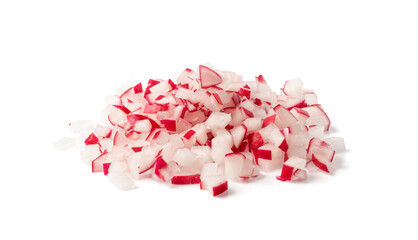 Chopped Radish Roots Isolated, Red Root Cuts, Diced Red Radishes Pile, Sliced Radis on White...