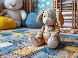 Toy bunny sits on patchwork of colored tiles in children's room