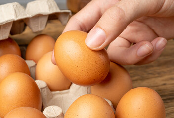 Hand Holding Raw Chicken Eggs Above Wooden Table Background, Taking Brown Eco Bio Egg