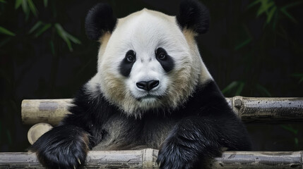 Fototapeta premium Portrait of a panda facing the camera. cute expressions from native Chinese animals. isolated black background in zoo
