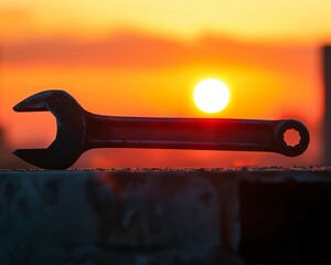 A dramatic image of a wrench silhouetted against a sunset, resting on a gritty construction site, symbolizing the end of a hard days work - obrazy, fototapety, plakaty