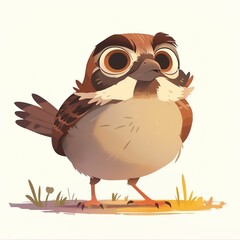 Naklejka premium This charming cartoon sparrow, with big expressive eyes, is depicted enjoying a sunny day, perfect for teaching kids about bird species and nature observation