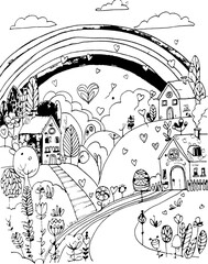 Paesaggio in bianco e nero, illustrazione di un villaggio con arcobaleno e case