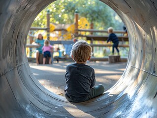 A child s perspective from inside a large concrete pipe in a playground, looking out at other children playing, symbolizing curiosity and play