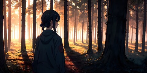 Sad anime girl against the background of the forest, anime illustration