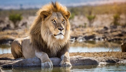portrait of a beautiful lion lion at the waterhole