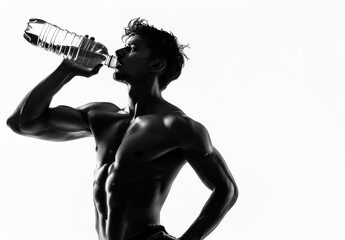 Naklejka premium A fit young man, muscular silhouette, drinks water post-run outdoors, promoting fitness and health. Isolated on white.