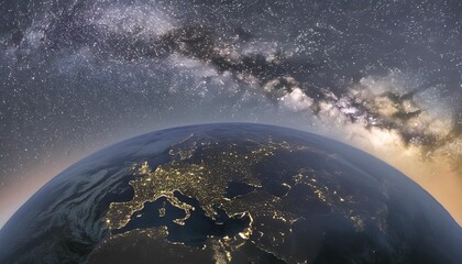 image of the earth at night with the milky way in the background