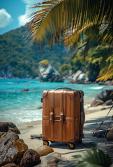 Vintage suitcase stands on the tropical beach