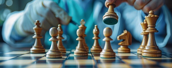 A hyperrealistic image of a medical team engaged in a strategic battle on a chessboard, plotting moves against cancer pieces