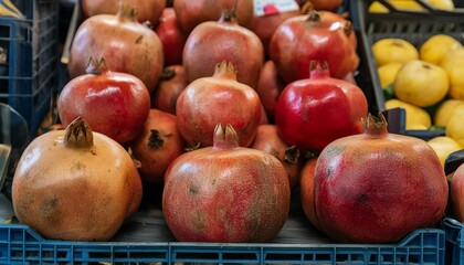juicy ripe pomegranate fruits on the market counter for juice generative ai